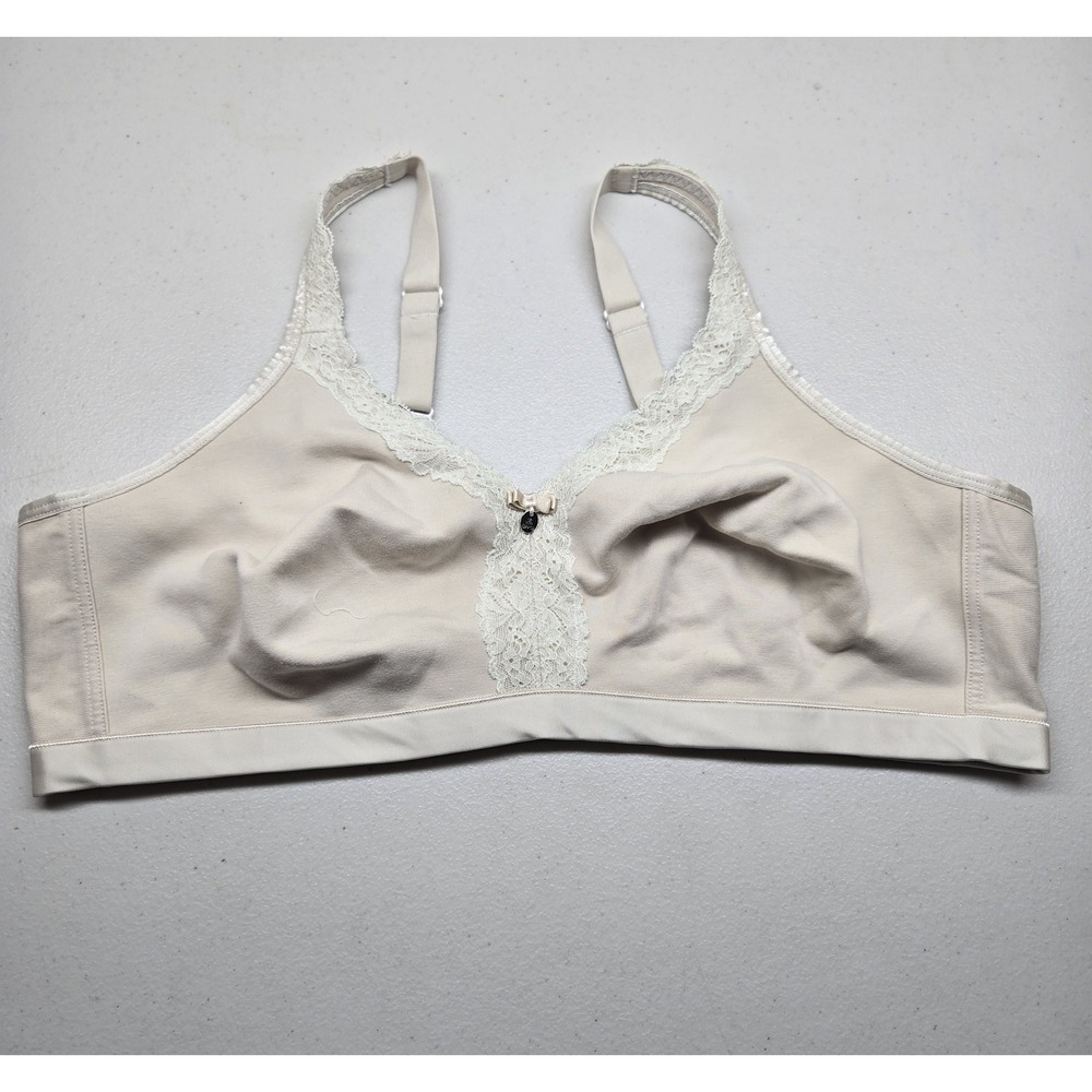 Curvy Couture Women Bra 42C Beige Bralette Wireless Lace Bow Strap